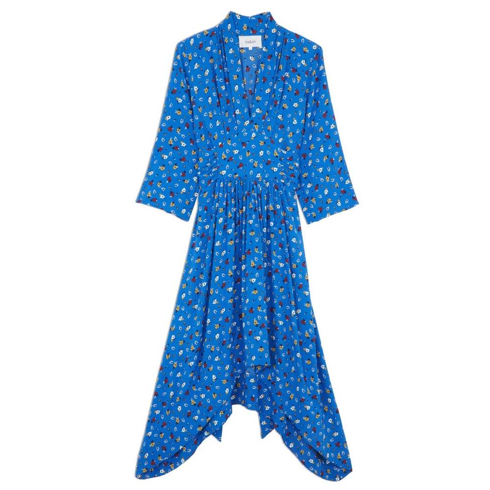 Ba&sh Lilia Midi‎ Dress Asymmetric Floral V-Neck 3/4 Sleeves in Azur US Size 4